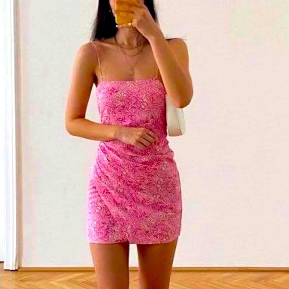 Zara Pink Linen Floral Mini Ruched Dress